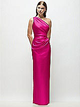 Front View Thumbnail - Think Pink One-Shoulder Draped Bodice Stretch Satin Column Maxi Dress