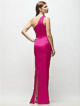 Rear View Thumbnail - Think Pink One-Shoulder Draped Bodice Stretch Satin Column Maxi Dress