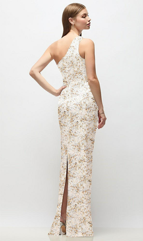 Back View - Golden Hour One-Shoulder Draped Bodice Floral Stretch Satin Column Maxi Dress