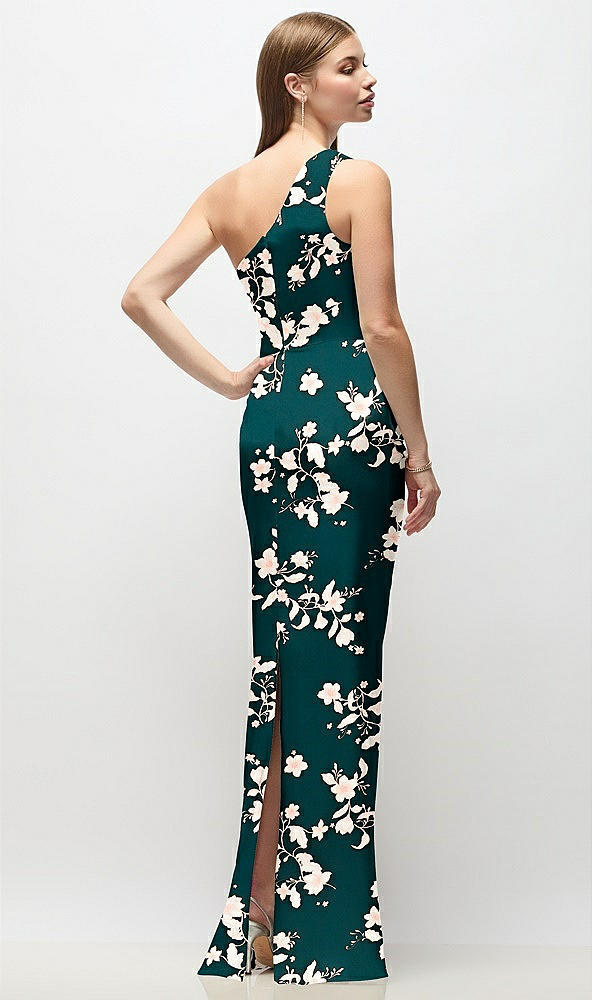 Back View - Vintage Primrose Evergreen One-Shoulder Draped Bodice Floral Stretch Satin Column Maxi Dress