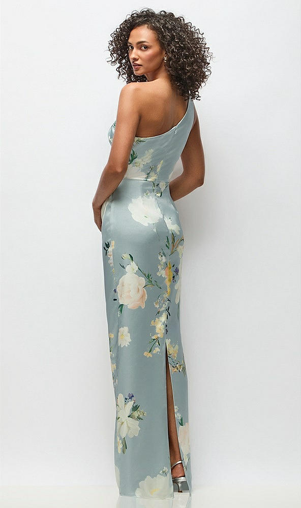 Back View - Mist Multi One-Shoulder Draped Bodice Painterly Floral Stretch Satin Column Maxi Dress