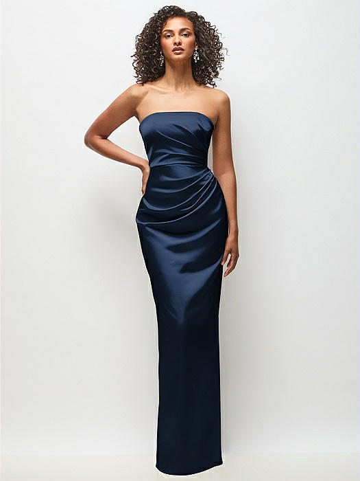 Strapless Draped Bodice Stretch Satin Column Maxi Dress