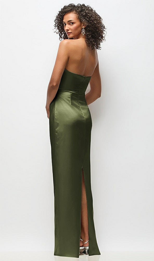 Back View - Olive Green Strapless Draped Bodice Stretch Satin Column Maxi Dress