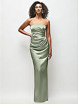 Front View Thumbnail - Sage Strapless Draped Bodice Stretch Satin Column Maxi Dress
