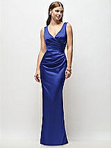 Front View Thumbnail - Cobalt Blue Sleeveless Draped Wrap Bodice Stretch Satin Column Maxi Dress