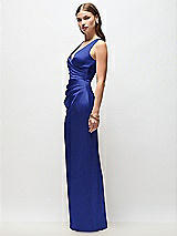 Side View Thumbnail - Cobalt Blue Sleeveless Draped Wrap Bodice Stretch Satin Column Maxi Dress
