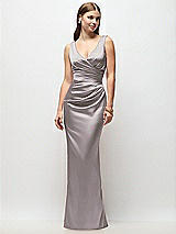 Front View Thumbnail - Cashmere Gray Sleeveless Draped Wrap Bodice Stretch Satin Column Maxi Dress