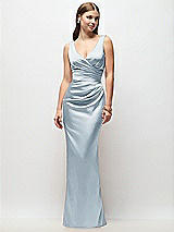 Front View Thumbnail - Mist Sleeveless Draped Wrap Bodice Stretch Satin Column Maxi Dress