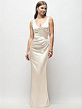 Front View Thumbnail - Oat Sleeveless Draped Wrap Bodice Stretch Satin Column Maxi Dress