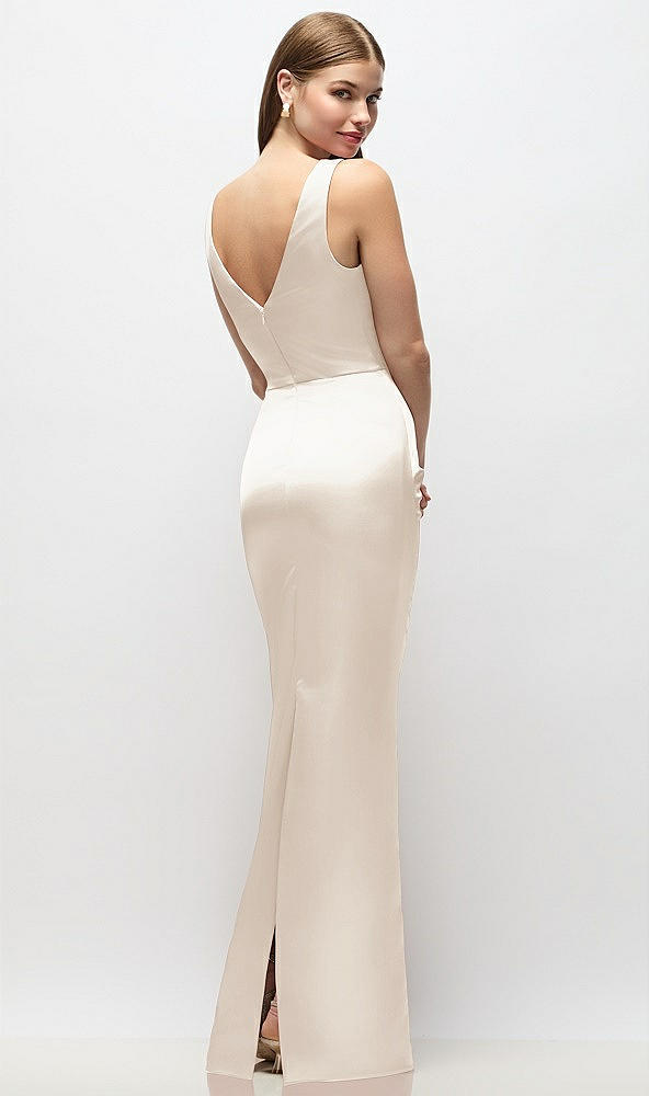 Back View - Oat Sleeveless Draped Wrap Bodice Stretch Satin Column Maxi Dress
