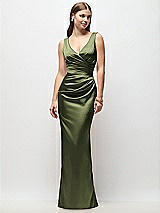 Front View Thumbnail - Olive Green Sleeveless Draped Wrap Bodice Stretch Satin Column Maxi Dress