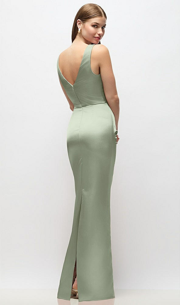 Back View - Sage Sleeveless Draped Wrap Bodice Stretch Satin Column Maxi Dress