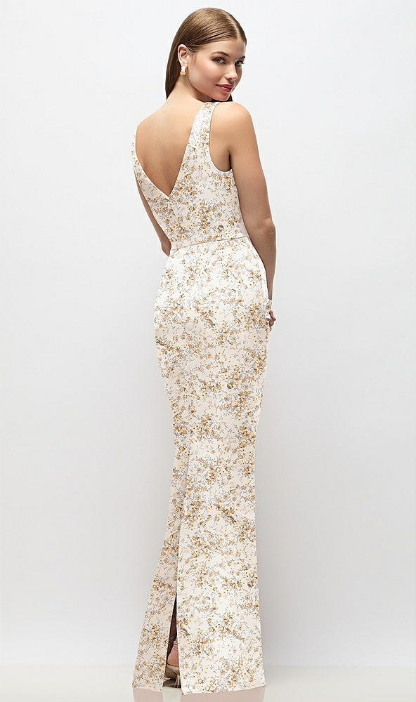 Back View - Golden Hour Sleeveless Draped Wrap Bodice Floral Stretch Satin Column Maxi Dress