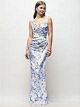 Front View Thumbnail - Magnolia Sky Sleeveless Draped Wrap Bodice Floral Stretch Satin Column Maxi Dress