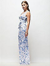 Side View Thumbnail - Magnolia Sky Sleeveless Draped Wrap Bodice Floral Stretch Satin Column Maxi Dress