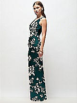 Side View Thumbnail - Vintage Primrose Evergreen Sleeveless Draped Wrap Bodice Floral Stretch Satin Column Maxi Dress