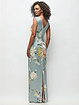 Rear View Thumbnail - Mist Multi High Neck Cap Shoulder Painterly Floral Stretch Satin Column Maxi Dress
