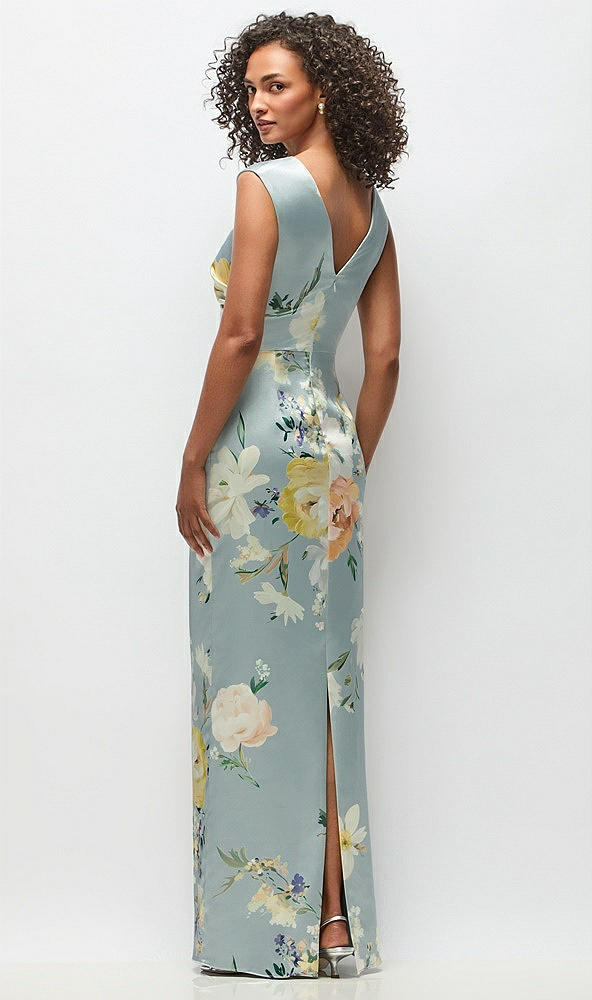 Back View - Mist Multi High Neck Cap Shoulder Painterly Floral Stretch Satin Column Maxi Dress
