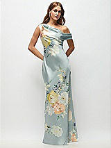 Front View Thumbnail - Mist Multi Draped One-Shoulder Bias Painterly Floral Stretch Satin Maxi Dress