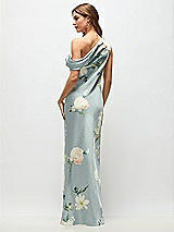 Rear View Thumbnail - Mist Multi Draped One-Shoulder Bias Painterly Floral Stretch Satin Maxi Dress