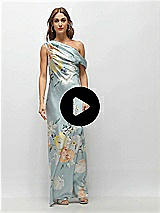 Video 1 Thumbnail - Mist Multi Draped One-Shoulder Bias Painterly Floral Stretch Satin Maxi Dress