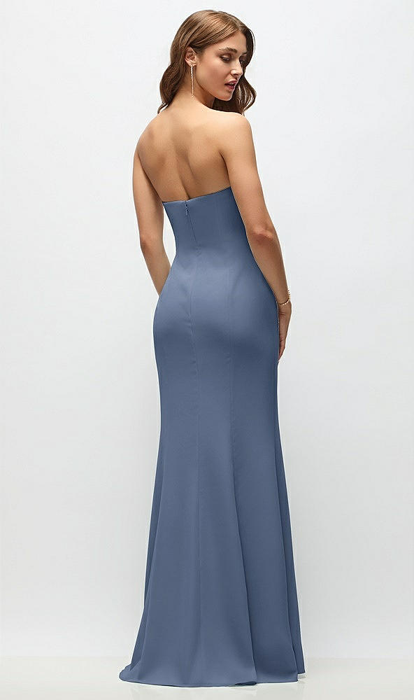 Back View - Larkspur Blue Strapless Fit and Flare Crepe Maxi Dress
