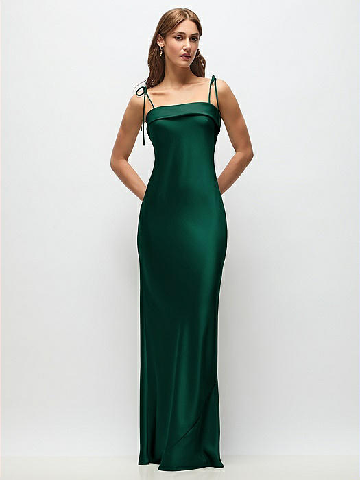 Cuff Neck Satin Bias Maxi Dress with Self-Tie Spaghetti Straps