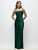 Front View Thumbnail - Hunter Green Cuff Neck Satin Bias Maxi Dress with Self-Tie Spaghetti Straps