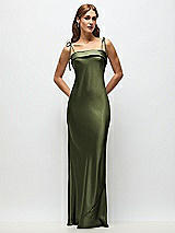 Front View Thumbnail - Olive Green Cuff Neck Satin Bias Maxi Dress with Self-Tie Spaghetti Straps