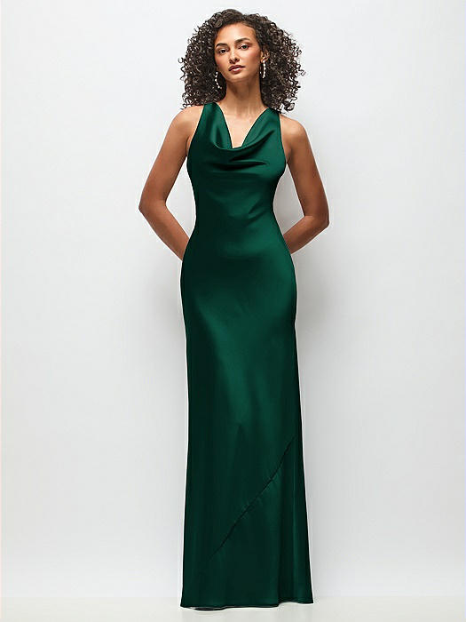 Cowl Neck Criss-Cross Back Satin Maxi Dress