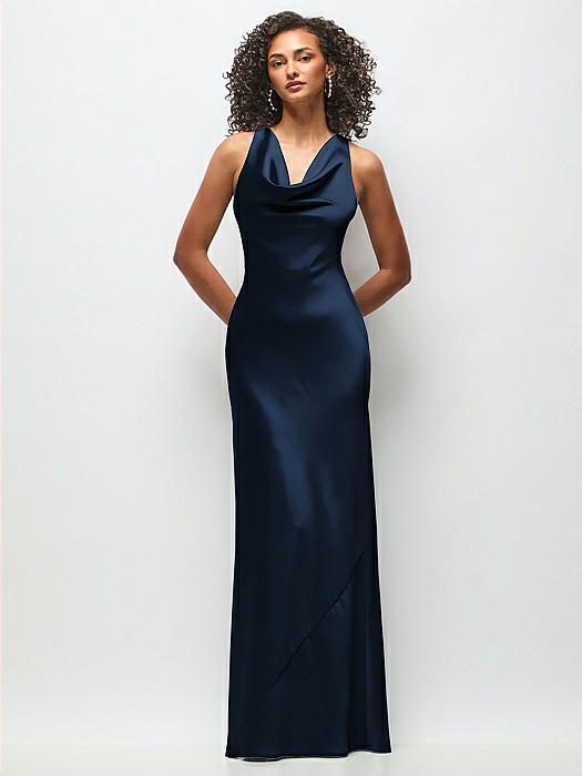 Cowl Neck Criss-Cross Back Satin Maxi Dress
