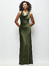 Front View Thumbnail - Olive Green Cowl Neck Criss-Cross Back Satin Maxi Dress