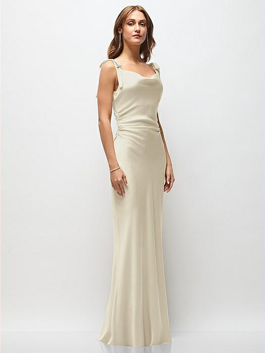 Soft Cowl Neck Ruched Side Satin Bias Maxi Dress with Shoulder Bows