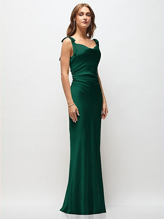 Soft Cowl Neck Ruched Side Satin Bias Maxi Dress with Shoulder Bows