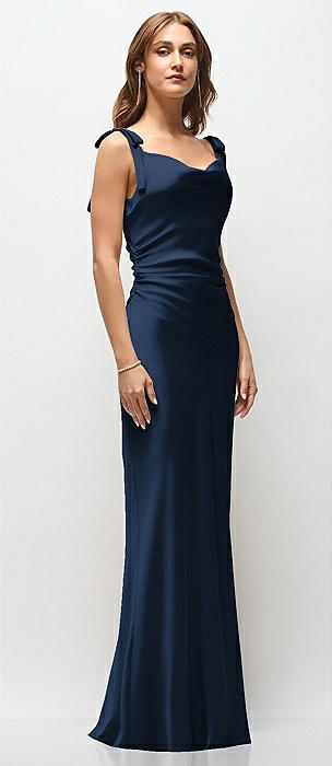Soft Cowl Neck Ruched Side Satin Bias Maxi Dress with Shoulder Bows