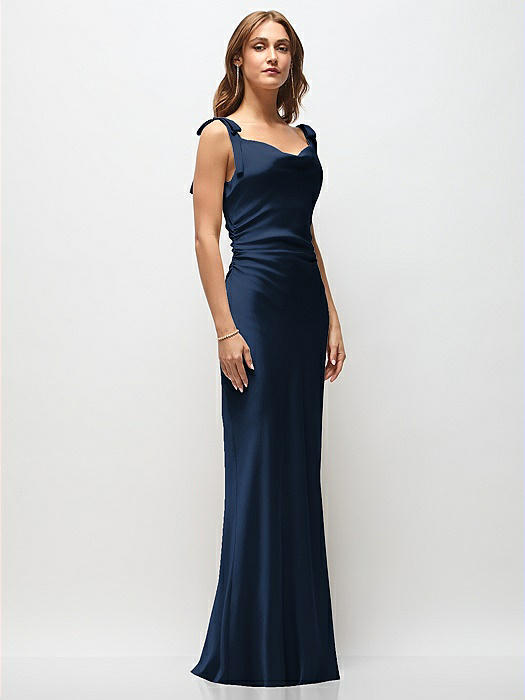 Soft Cowl Neck Ruched Side Satin Bias Maxi Dress with Shoulder Bows