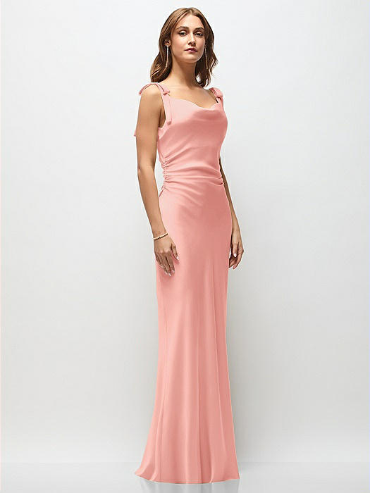 Soft Cowl Neck Ruched Side Satin Bias Maxi Dress with Shoulder Bows