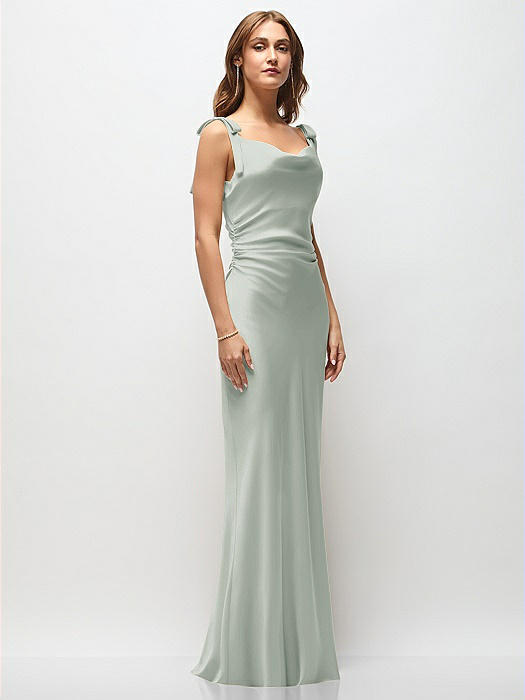 Soft Cowl Neck Ruched Side Satin Bias Maxi Dress with Shoulder Bows