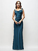 Side View Thumbnail - Atlantic Blue Soft Cowl Neck Ruched Side Satin Bias Maxi Dress with Shoulder Bows