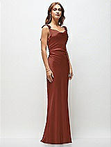 Front View Thumbnail - Auburn Moon Soft Cowl Neck Ruched Side Satin Bias Maxi Dress with Shoulder Bows