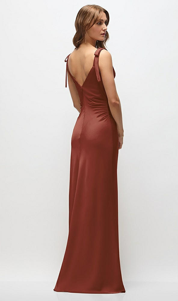 Back View - Auburn Moon Soft Cowl Neck Ruched Side Satin Bias Maxi Dress with Shoulder Bows