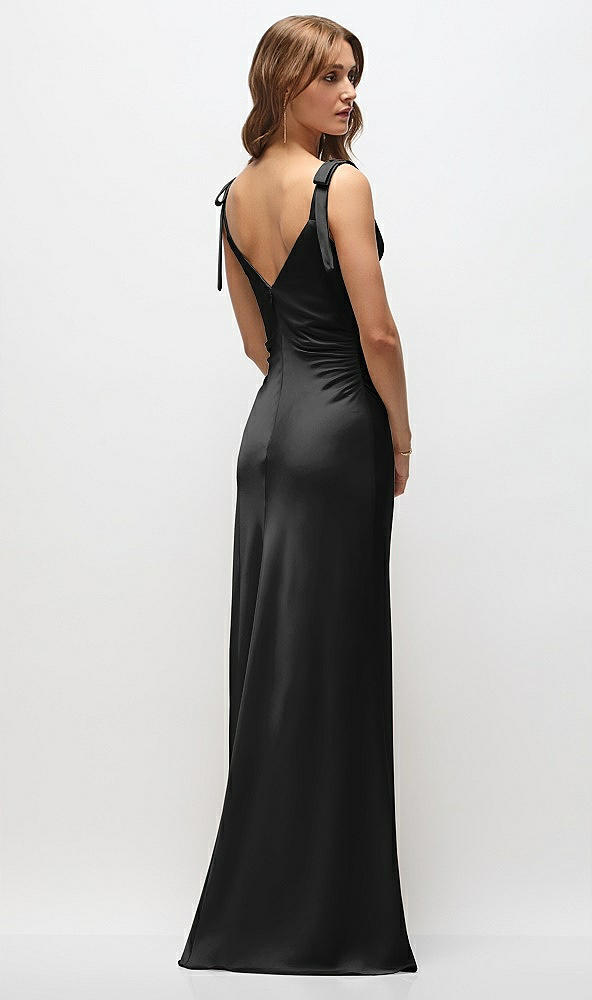 Back View - Black Soft Cowl Neck Ruched Side Satin Bias Maxi Dress with Shoulder Bows