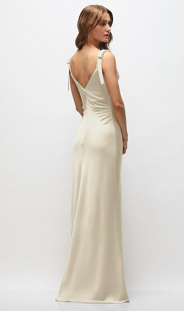 Back View - Champagne Soft Cowl Neck Ruched Side Satin Bias Maxi Dress with Shoulder Bows