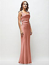 Front View Thumbnail - Desert Rose Soft Cowl Neck Ruched Side Satin Bias Maxi Dress with Shoulder Bows