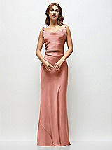 Side View Thumbnail - Desert Rose Soft Cowl Neck Ruched Side Satin Bias Maxi Dress with Shoulder Bows
