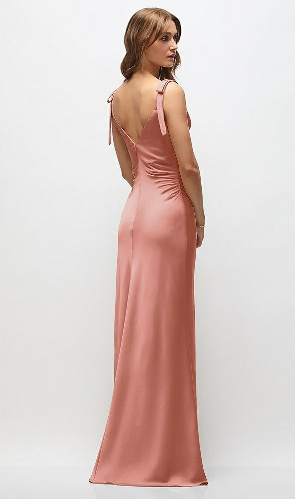 Back View - Desert Rose Soft Cowl Neck Ruched Side Satin Bias Maxi Dress with Shoulder Bows