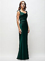 Front View Thumbnail - Evergreen Soft Cowl Neck Ruched Side Satin Bias Maxi Dress with Shoulder Bows