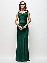 Side View Thumbnail - Hunter Green Soft Cowl Neck Ruched Side Satin Bias Maxi Dress with Shoulder Bows
