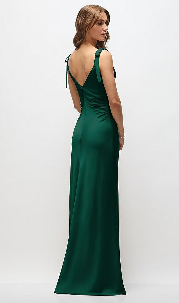 Back View - Hunter Green Soft Cowl Neck Ruched Side Satin Bias Maxi Dress with Shoulder Bows