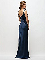 Rear View Thumbnail - Midnight Navy Soft Cowl Neck Ruched Side Satin Bias Maxi Dress with Shoulder Bows